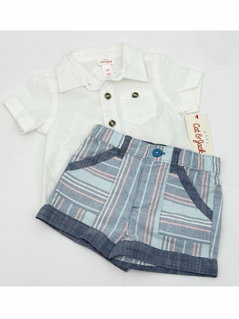 Cat & Jack Baby Boy 2-Piece Outfit Button Down Shirt & Chambray Shorts 3–6M NWT